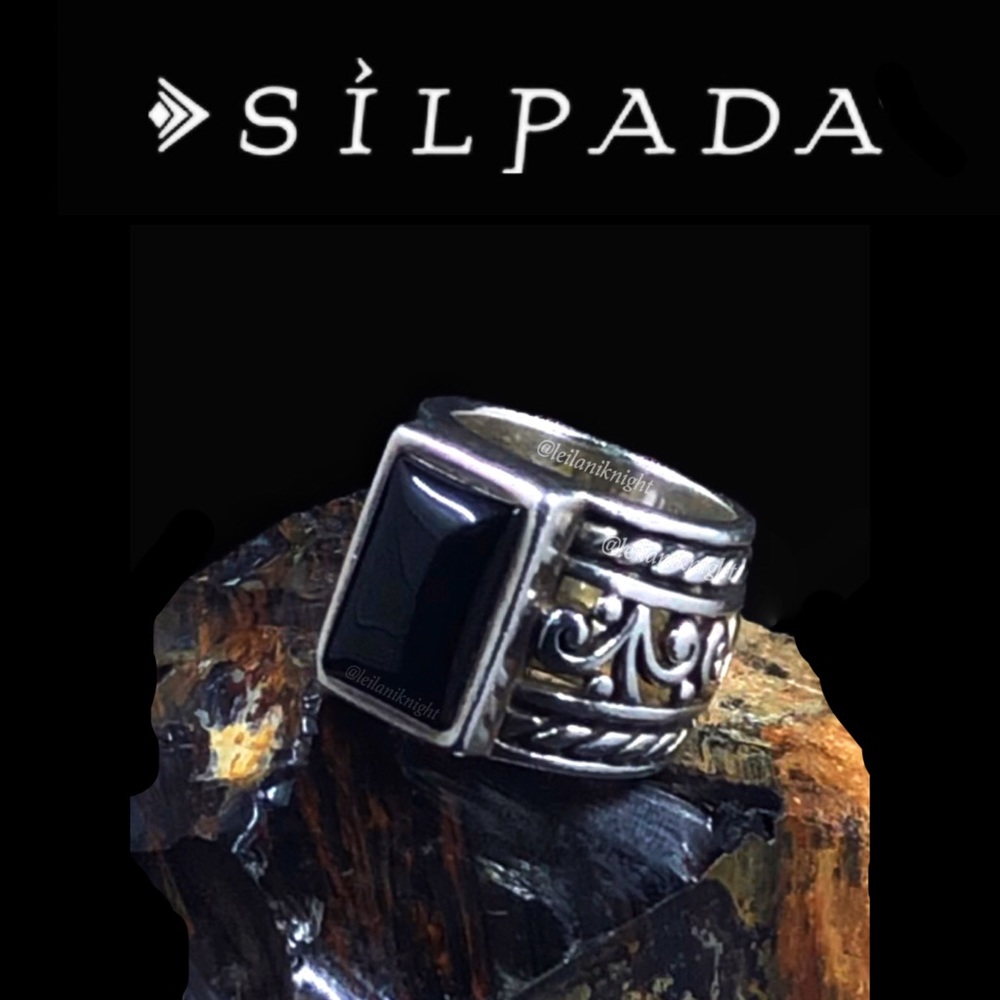 Silpada Sterling Silver Black Onyx Filigree Scroll Wide Band Ring